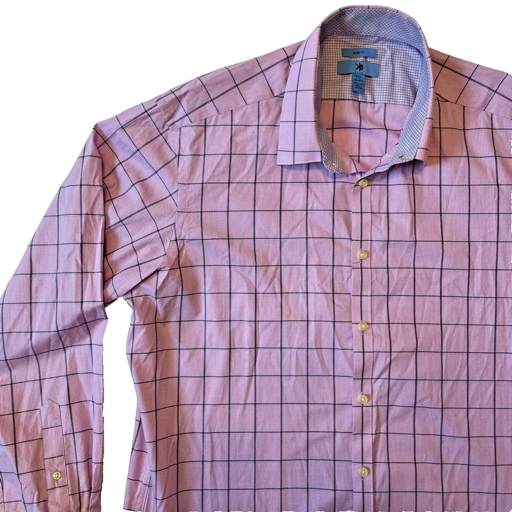 Egara Mens Slim Fit Long Sleeve Buttoned Pink Plaid Cotton Shirt, XXL 18-18.5